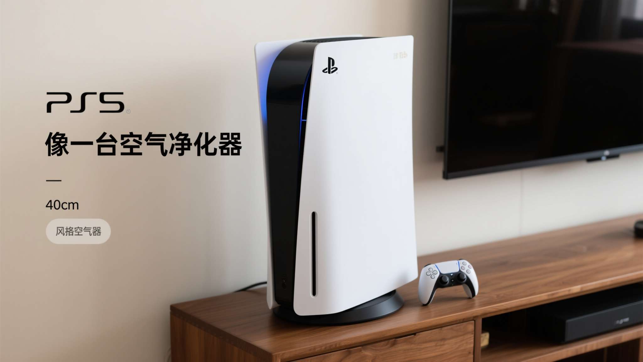 PS5的外壳设计采用大面积白色曲面拼接黑色主体，整体体积庞大，高度接近40厘米，